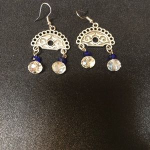 Silver tone blue bead earrings
